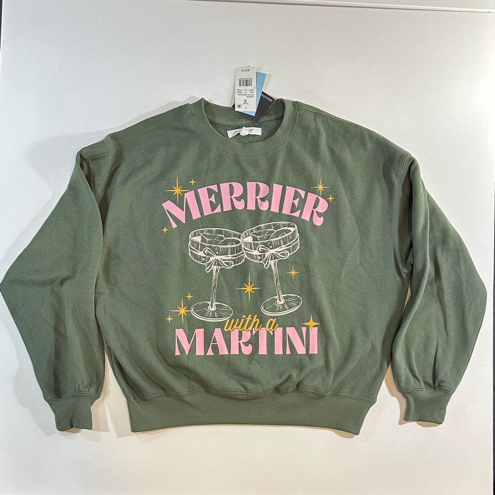 Merrier with a Martini Olive Green Graphic Sweatshirt NWT Size S